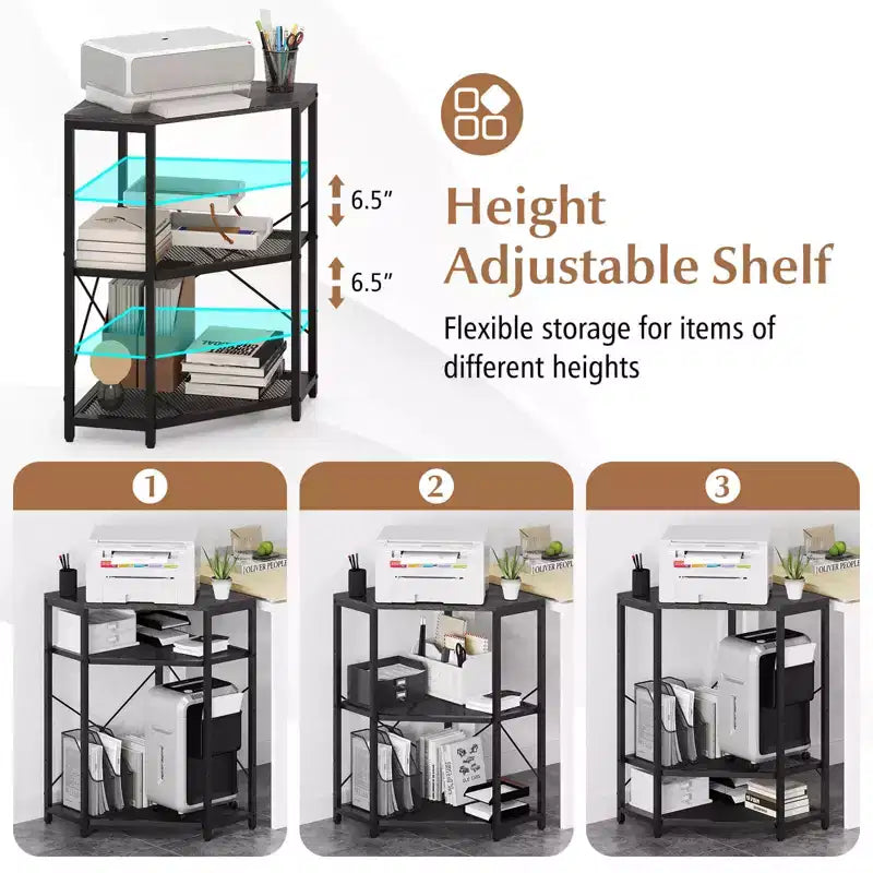 Costway Corner Printer Stand with Charging Station Adjustable Metal Mesh Shelf Black/Brown/White