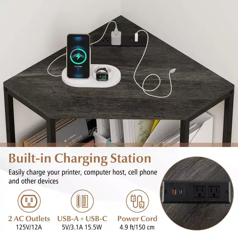 Costway Corner Printer Stand with Charging Station Adjustable Metal Mesh Shelf Black/Brown/White