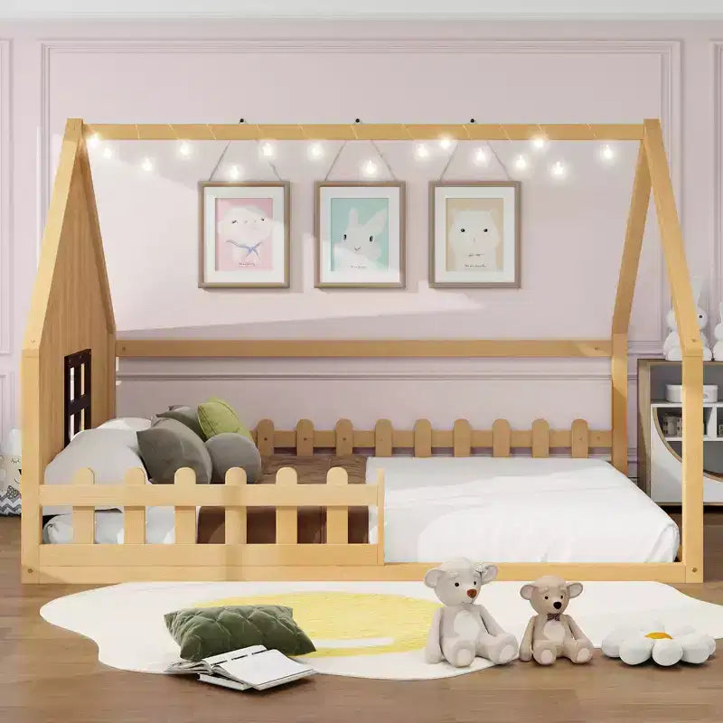 Whisen Full Size Wood House Bed with Window and Fence