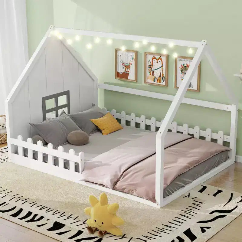 Whisen Full Size Wood House Bed with Window and Fence
