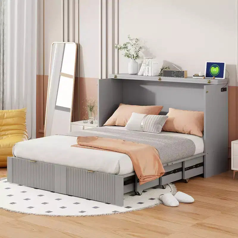 CLIHOME Full Size Murphy Bed with Drawer and Sockets & USB Ports, Pulley Structure Design