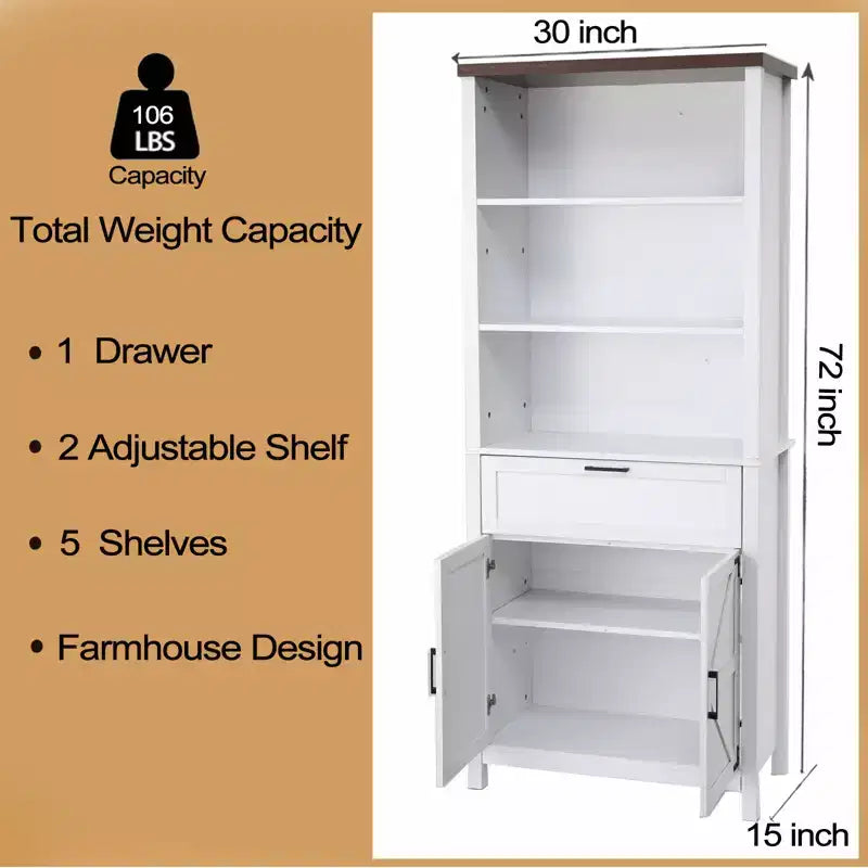 72 Inch High Bookcase with Doors, 6 Wheels Farmhouse Bookcase with Drawers and Adjustable Shelves for Study, Living Room, Bedroom