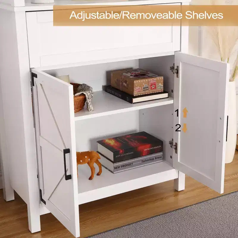 72 Inch High Bookcase with Doors, 6 Wheels Farmhouse Bookcase with Drawers and Adjustable Shelves for Study, Living Room, Bedroom