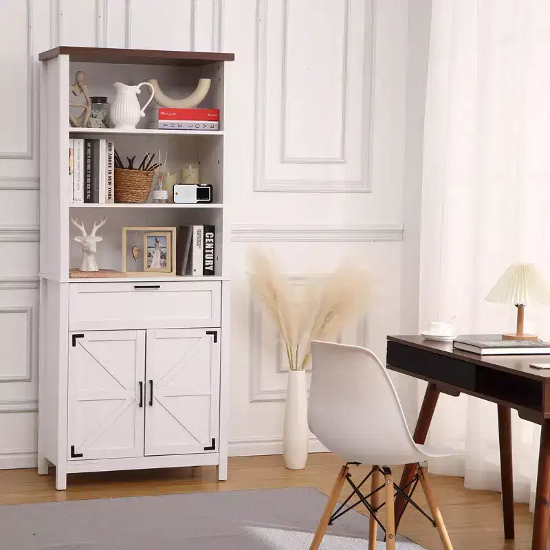 72 Inch High Bookcase with Doors, 6 Wheels Farmhouse Bookcase with Drawers and Adjustable Shelves for Study, Living Room, Bedroom