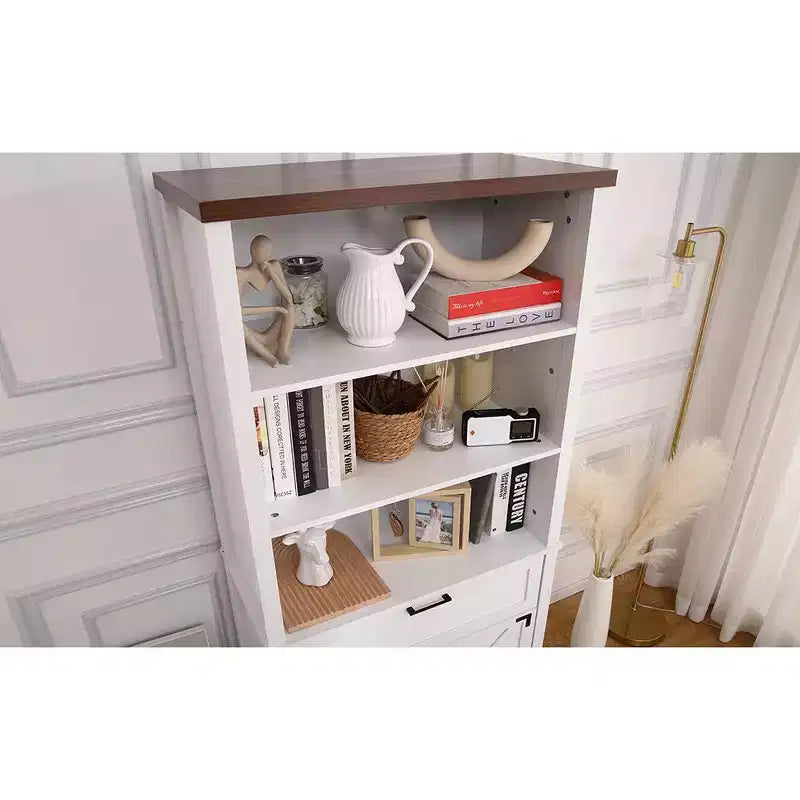72 Inch High Bookcase with Doors, 6 Wheels Farmhouse Bookcase with Drawers and Adjustable Shelves for Study, Living Room, Bedroom