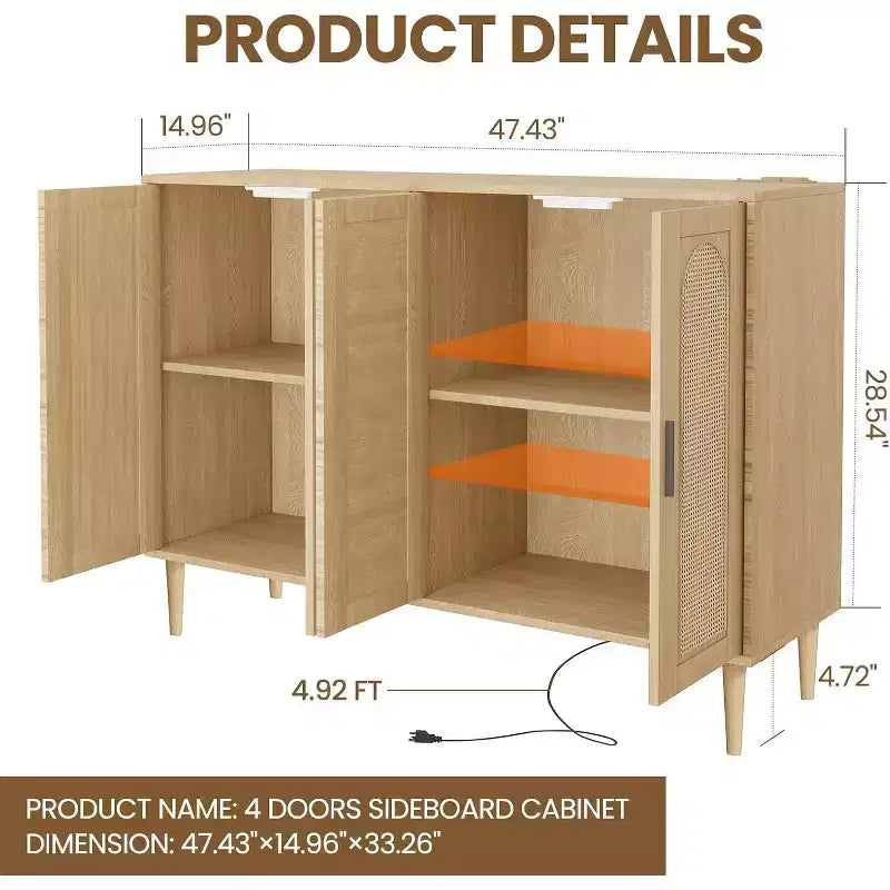 Rattan Storage Cabinet w/ Charging & Coffee Bar - 4-Door Boho Sideboard (Adjustable Shelves)Multi-Functional Boho Cupboard for Entryway/Dining