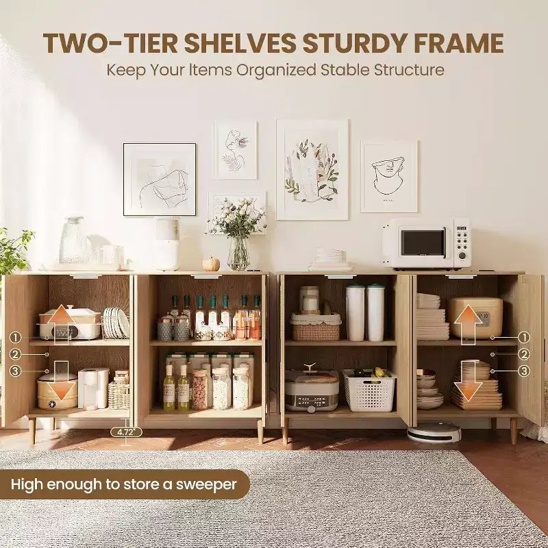 Rattan Storage Cabinet w/ Charging & Coffee Bar - 4-Door Boho Sideboard (Adjustable Shelves)Multi-Functional Boho Cupboard for Entryway/Dining