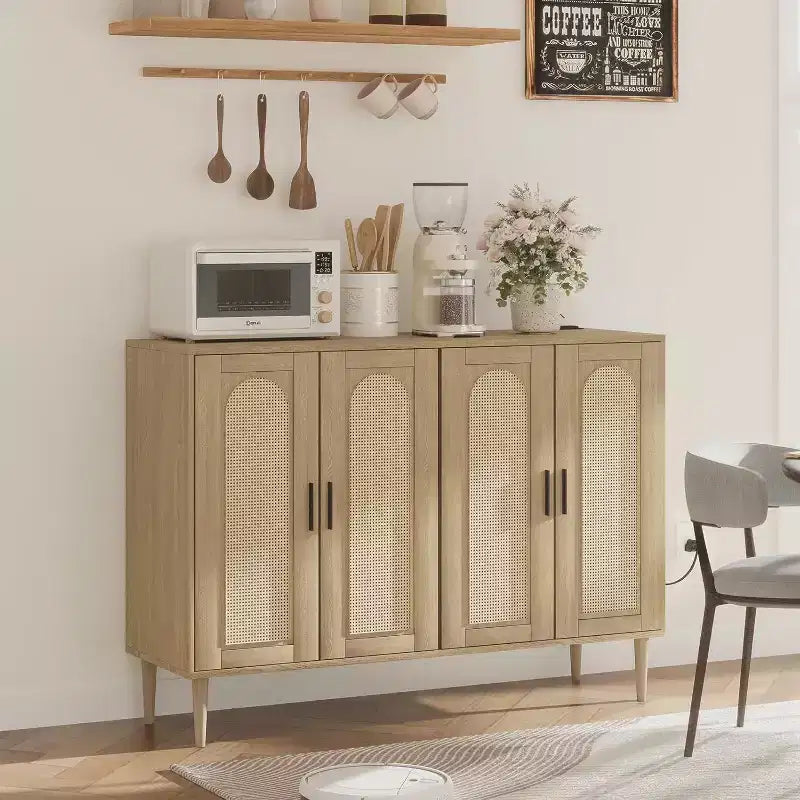 Rattan Storage Cabinet w/ Charging & Coffee Bar - 4-Door Boho Sideboard (Adjustable Shelves)Multi-Functional Boho Cupboard for Entryway/Dining