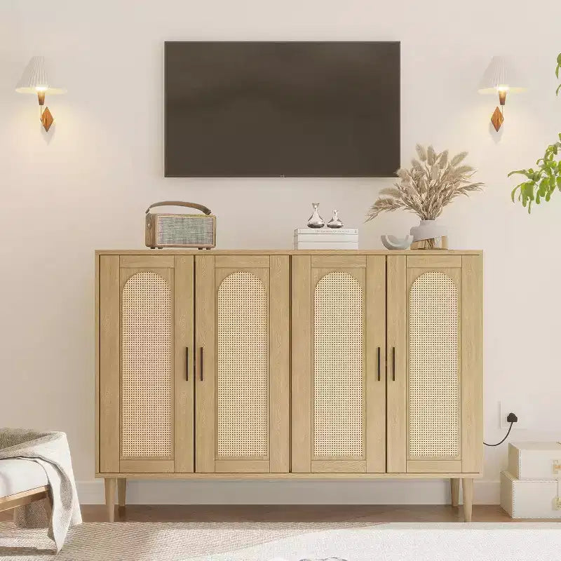 Rattan Storage Cabinet w/ Charging & Coffee Bar - 4-Door Boho Sideboard (Adjustable Shelves)Multi-Functional Boho Cupboard for Entryway/Dining