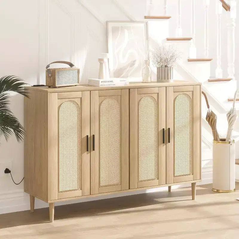 Rattan Storage Cabinet w/ Charging & Coffee Bar - 4-Door Boho Sideboard (Adjustable Shelves)Multi-Functional Boho Cupboard for Entryway/Dining