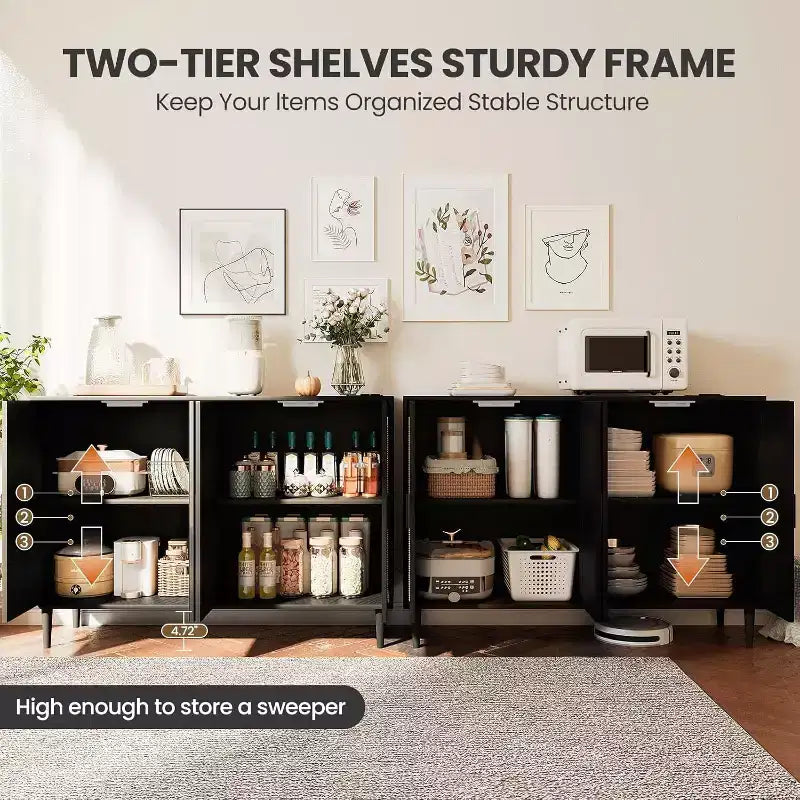 Rattan Storage Cabinet w/ Charging & Coffee Bar - 4-Door Boho Sideboard (Adjustable Shelves)Multi-Functional Boho Cupboard for Entryway/Dining
