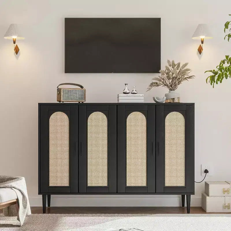 Rattan Storage Cabinet w/ Charging & Coffee Bar - 4-Door Boho Sideboard (Adjustable Shelves)Multi-Functional Boho Cupboard for Entryway/Dining