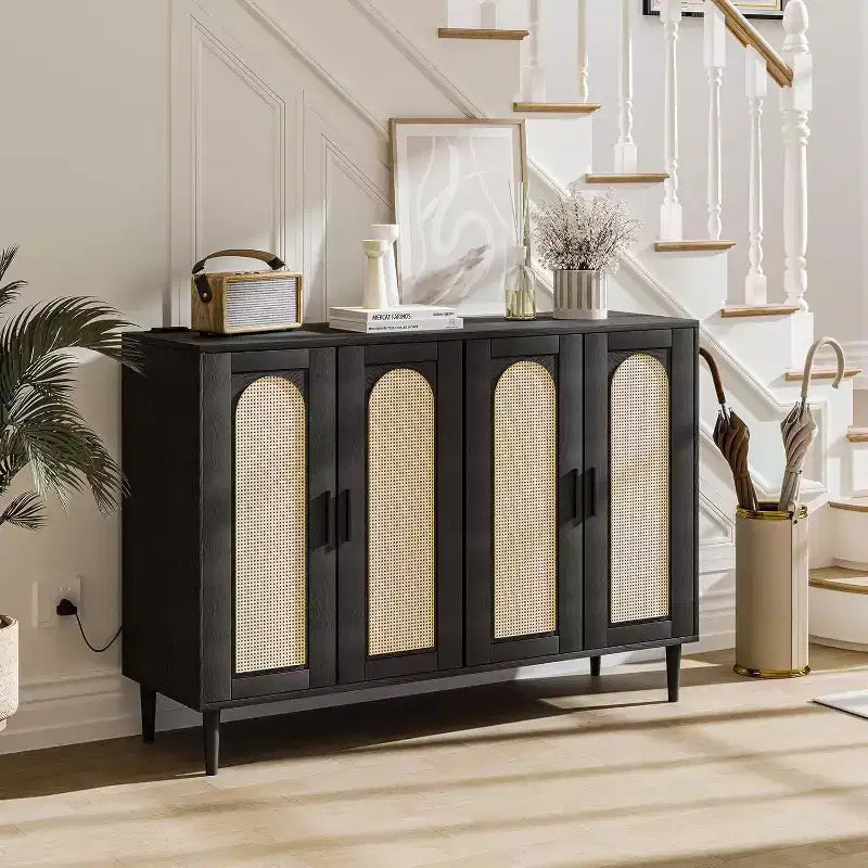 Rattan Storage Cabinet w/ Charging & Coffee Bar - 4-Door Boho Sideboard (Adjustable Shelves)Multi-Functional Boho Cupboard for Entryway/Dining