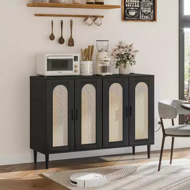 Rattan Storage Cabinet w/ Charging & Coffee Bar - 4-Door Boho Sideboard (Adjustable Shelves)Multi-Functional Boho Cupboard for Entryway/Dining