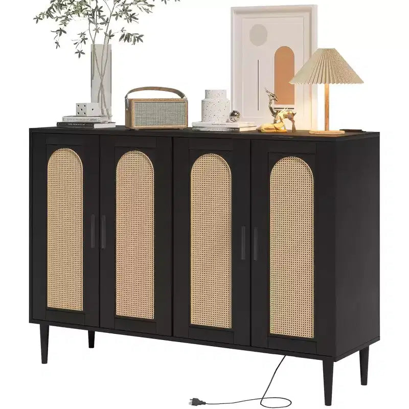 Rattan Storage Cabinet w/ Charging & Coffee Bar - 4-Door Boho Sideboard (Adjustable Shelves)Multi-Functional Boho Cupboard for Entryway/Dining