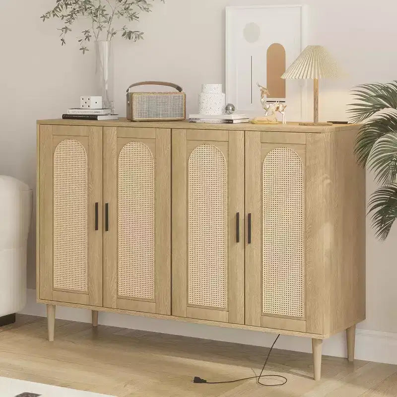 Rattan Storage Cabinet w/ Charging & Coffee Bar - 4-Door Boho Sideboard (Adjustable Shelves)Multi-Functional Boho Cupboard for Entryway/Dining