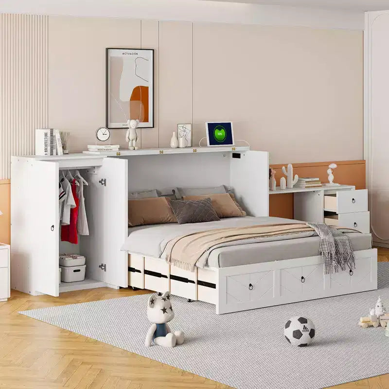 Mobile letto a scomparsa Queen con porta USB, ampio cassetto e armadio/scrivania