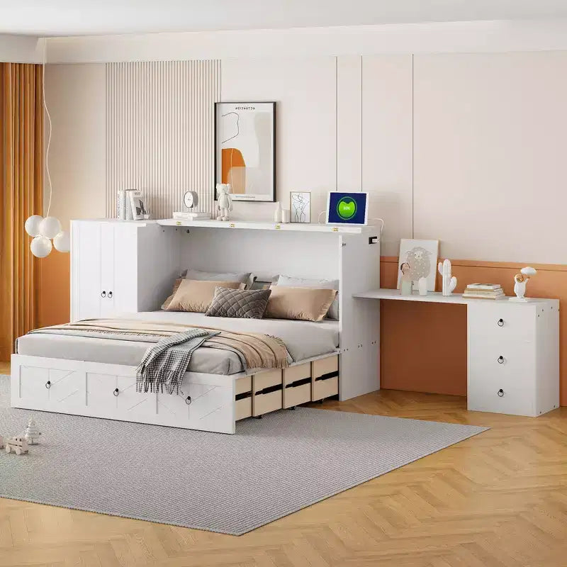 Mobile letto a scomparsa Queen con porta USB, ampio cassetto e armadio/scrivania