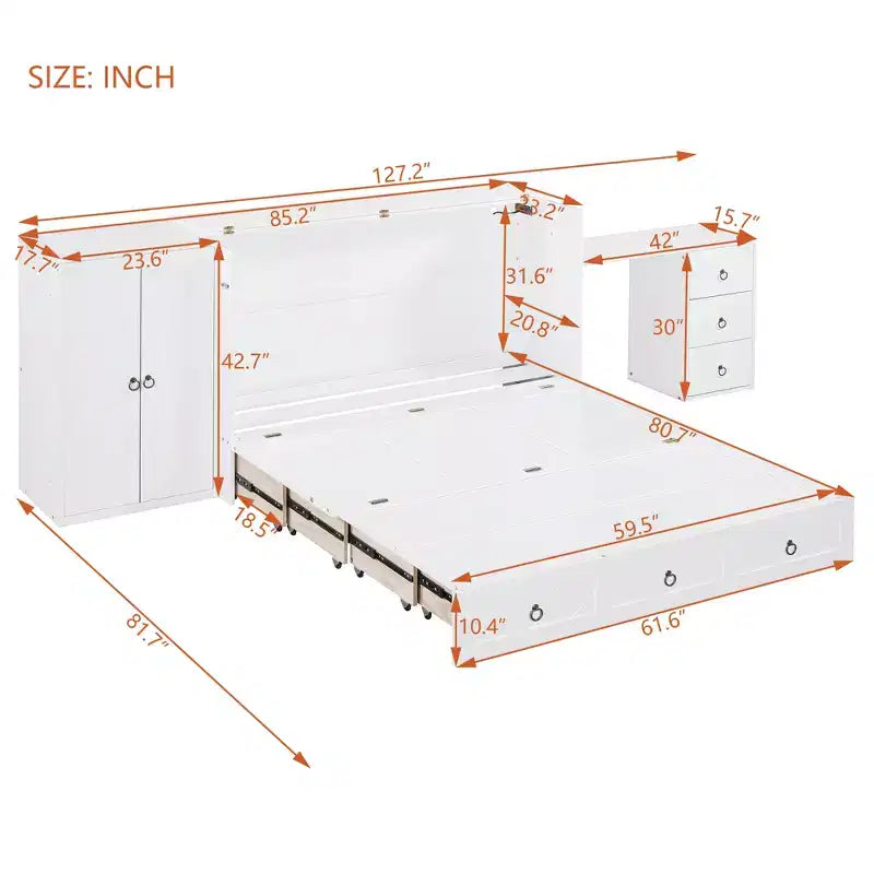 Mobile letto a scomparsa Queen con porta USB, ampio cassetto e armadio/scrivania