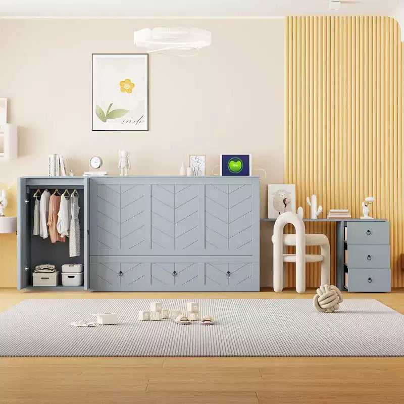Mobile letto a scomparsa Queen con porta USB, ampio cassetto e armadio/scrivania