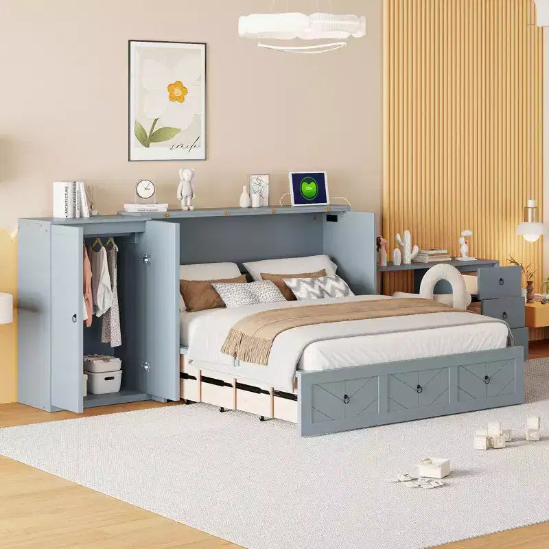 Mobile letto a scomparsa Queen con porta USB, ampio cassetto e armadio/scrivania