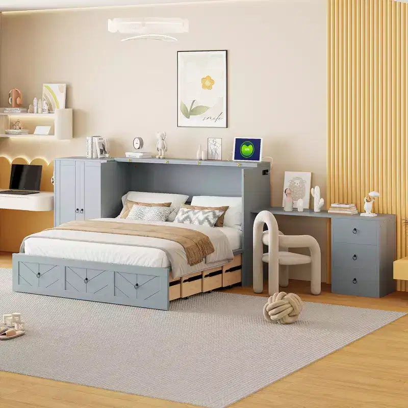Mobile letto a scomparsa Queen con porta USB, ampio cassetto e armadio/scrivania