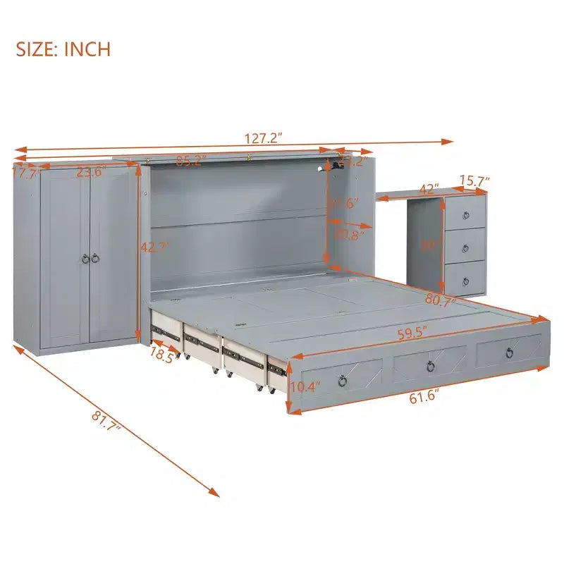 Mobile letto a scomparsa Queen con porta USB, ampio cassetto e armadio/scrivania