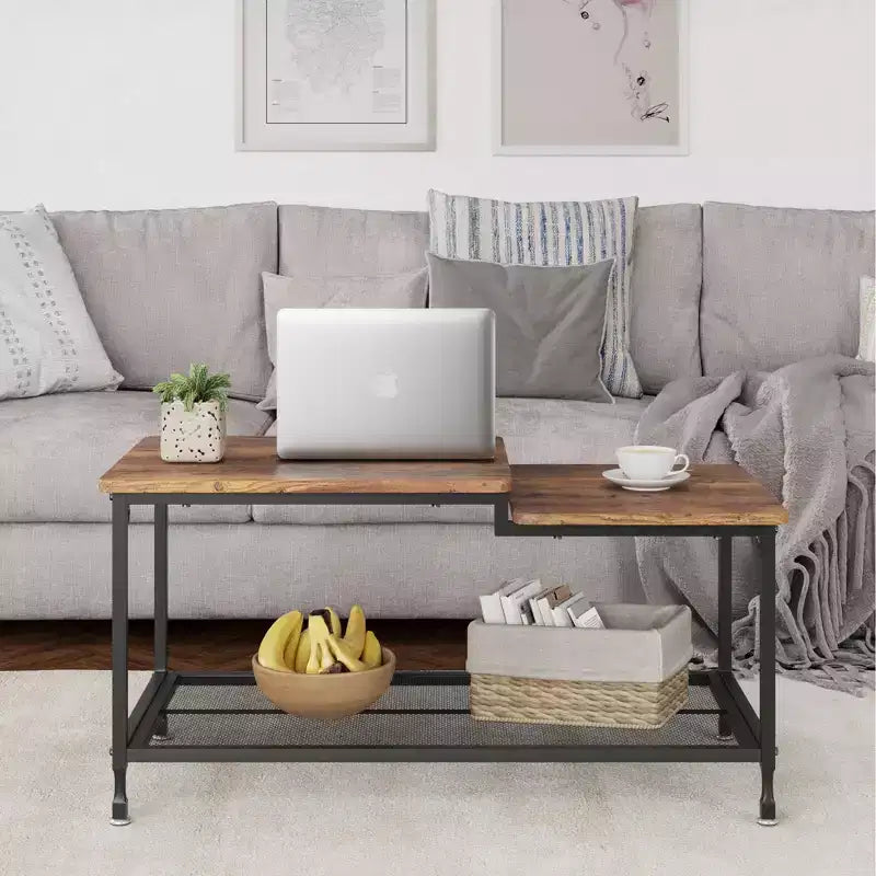 Coffee table, two-tiered rustic center table with grid shelf, industrial style living room table, cocktail table with adjustable feet