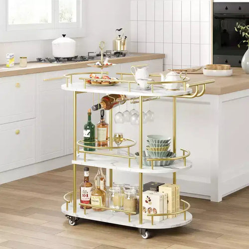 CuisinSmart 3 Tier Bar Carts, Rotated Bar Cart Gold with Wine Rack and Glass Holder, Bar Serving Cart with Wheels