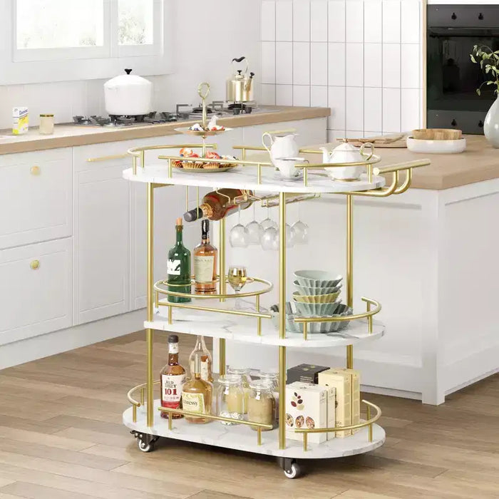 CuisinSmart 3 Tier Bar Carts, Rotated Bar Cart Gold with Wine Rack and Glass Holder, Bar Serving Cart with Wheels