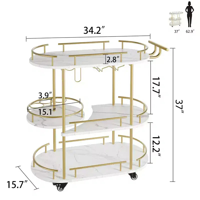 Carrello portavivande/portabar a 3 ripiani in oro con portabottiglie girevole, porta bicchieri e ruote