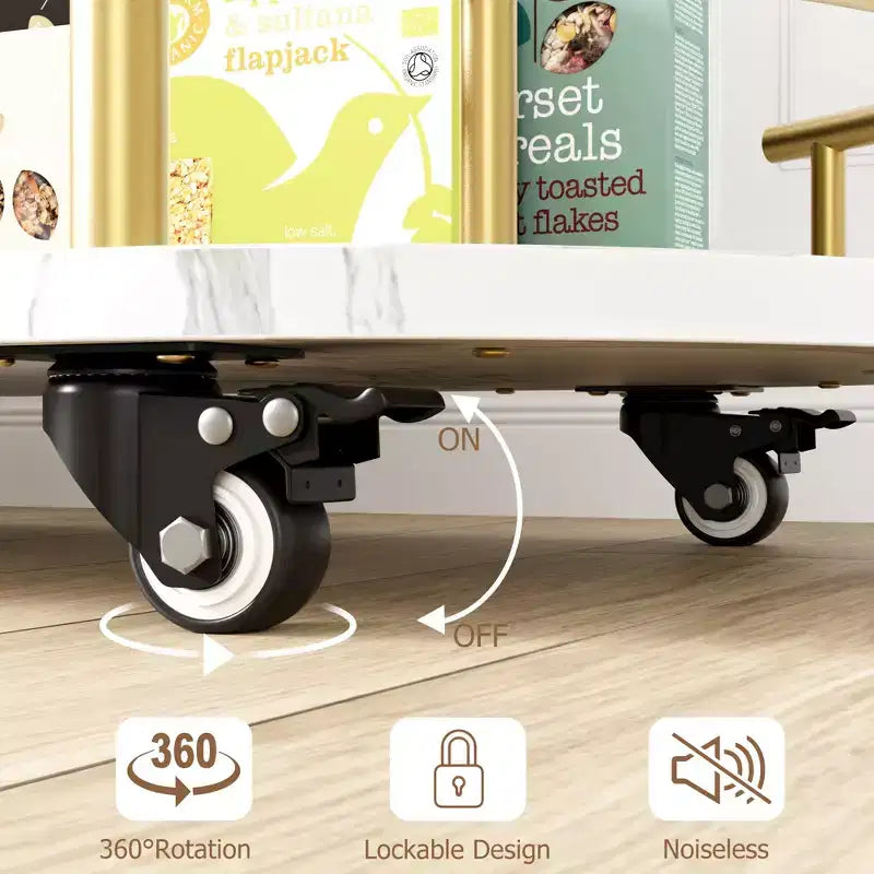 Carrello portavivande/portabar a 3 ripiani in oro con portabottiglie girevole, porta bicchieri e ruote