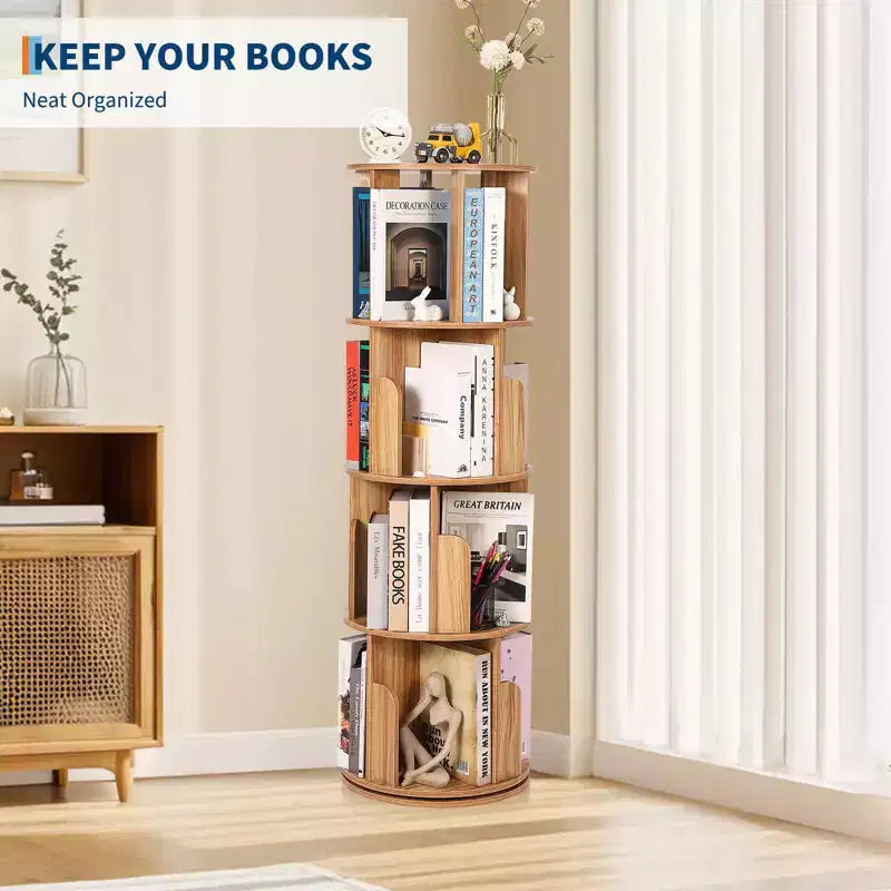 Libreria in legno girevole a 360° a 4 ripiani, espositore da terra