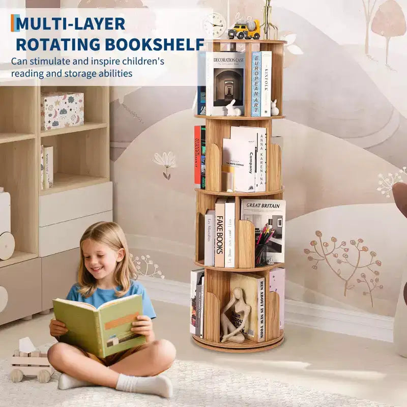 Libreria in legno girevole a 360° a 4 ripiani, espositore da terra