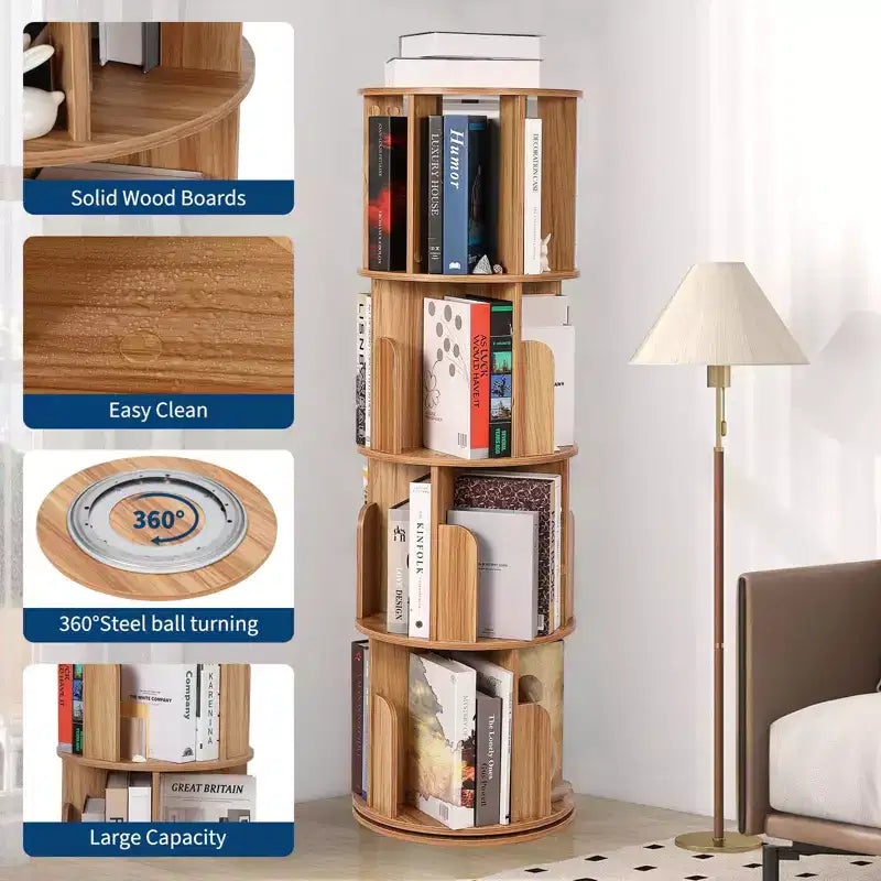 Libreria in legno girevole a 360° a 4 ripiani, espositore da terra