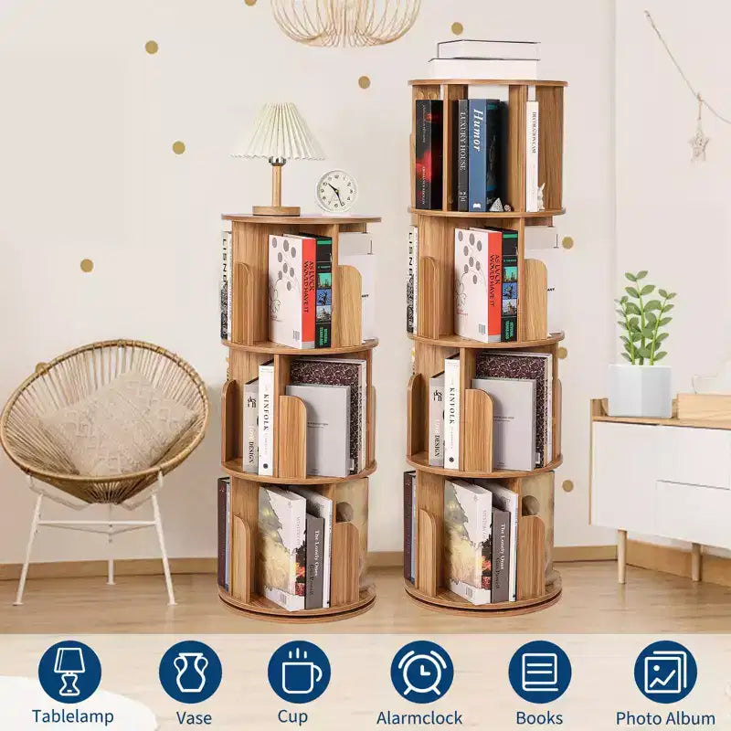 Libreria in legno girevole a 360° a 4 ripiani, espositore da terra