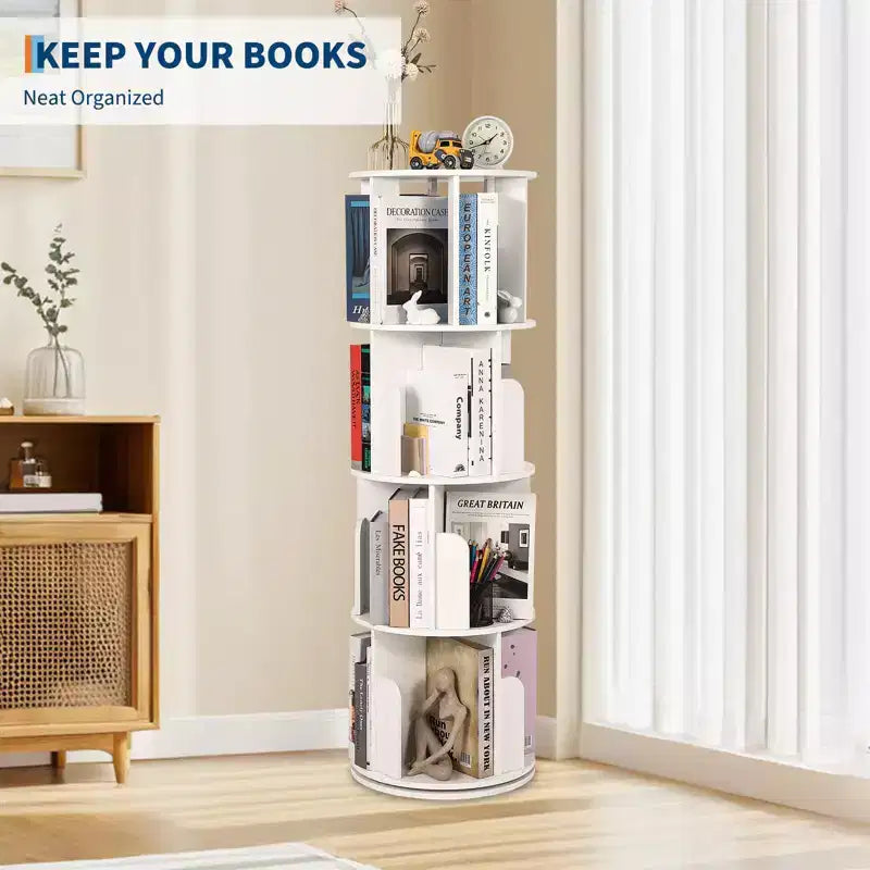 Libreria in legno girevole a 360° a 4 ripiani, espositore da terra