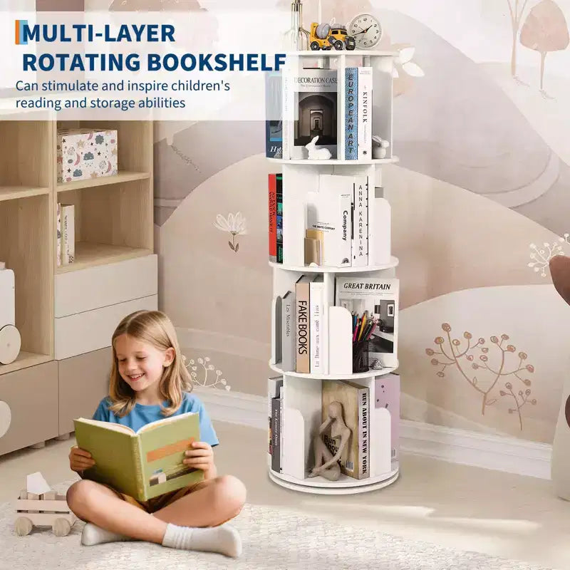 Libreria in legno girevole a 360° a 4 ripiani, espositore da terra