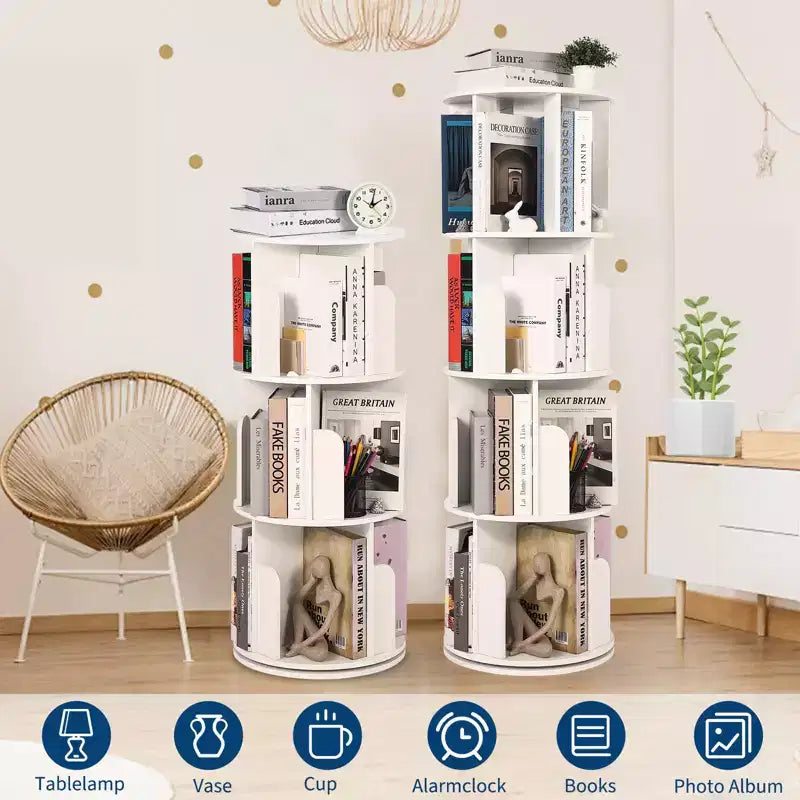 Libreria in legno girevole a 360° a 4 ripiani, espositore da terra