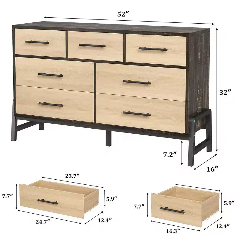 Comò ampio a 7 cassetti, cassettiera in legno indipendente da 52" per camera da letto e soggiorno