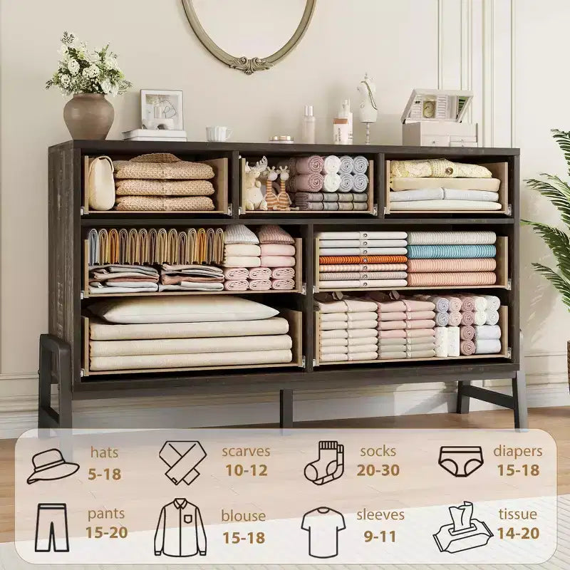 Comò ampio a 7 cassetti, cassettiera in legno indipendente da 52" per camera da letto e soggiorno