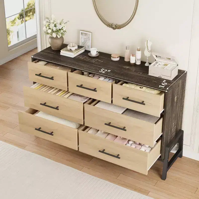 Comò ampio a 7 cassetti, cassettiera in legno indipendente da 52" per camera da letto e soggiorno