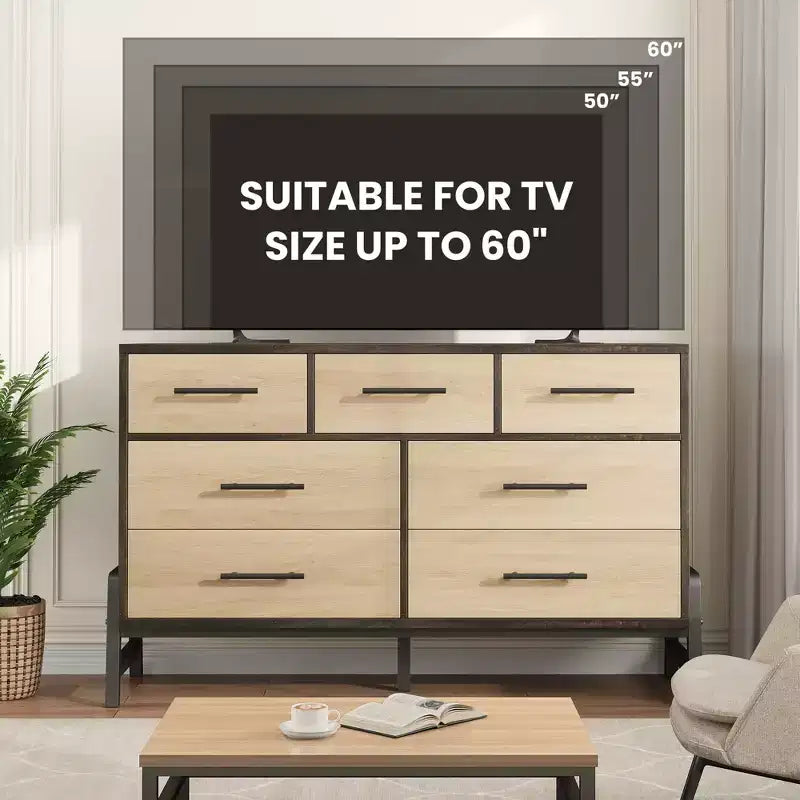 Comò ampio a 7 cassetti, cassettiera in legno indipendente da 52" per camera da letto e soggiorno