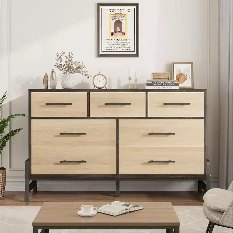 Comò ampio a 7 cassetti, cassettiera in legno indipendente da 52" per camera da letto e soggiorno