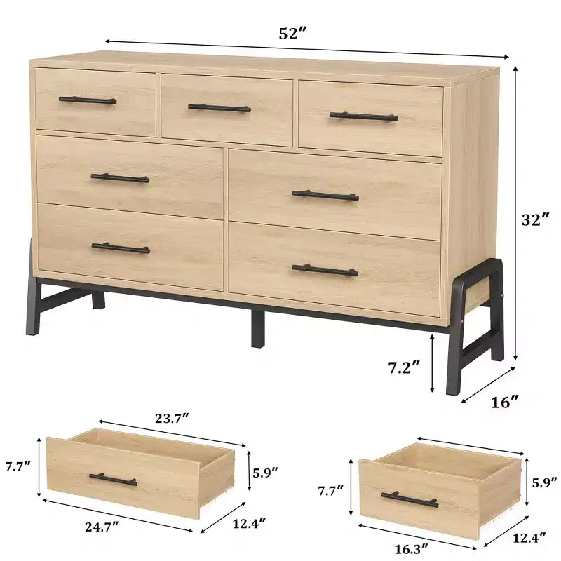 Comò ampio a 7 cassetti, cassettiera in legno indipendente da 52" per camera da letto e soggiorno