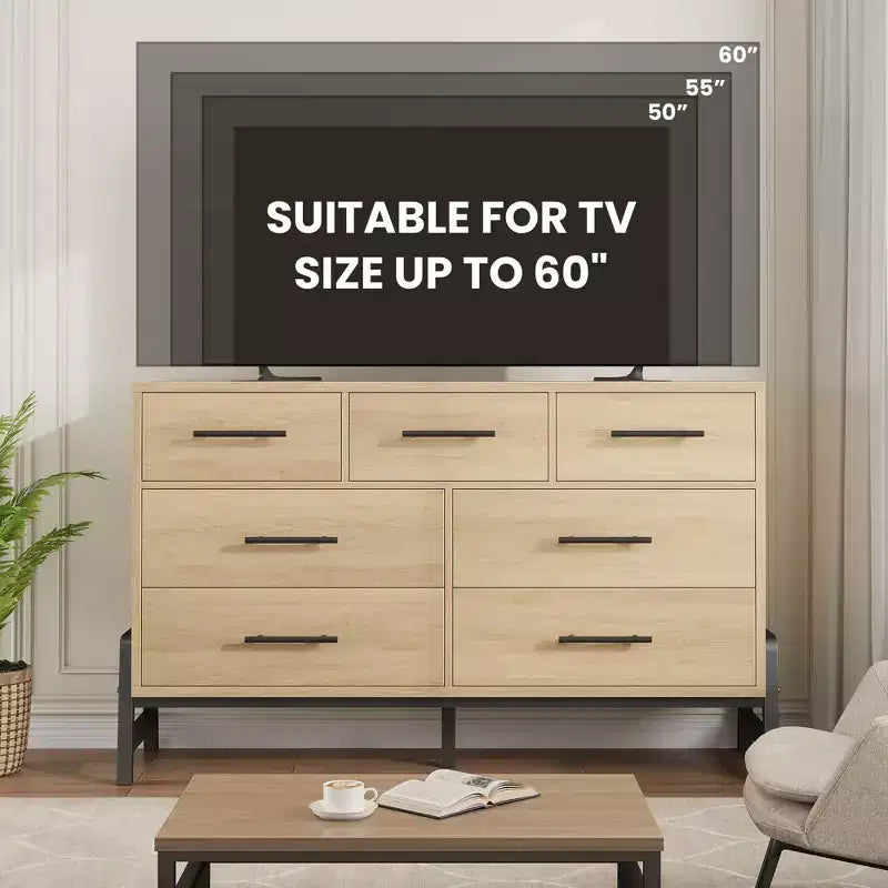 Comò ampio a 7 cassetti, cassettiera in legno indipendente da 52" per camera da letto e soggiorno