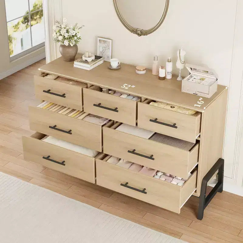 Comò ampio a 7 cassetti, cassettiera in legno indipendente da 52" per camera da letto e soggiorno