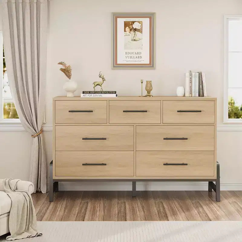 Comò ampio a 7 cassetti, cassettiera in legno indipendente da 52" per camera da letto e soggiorno