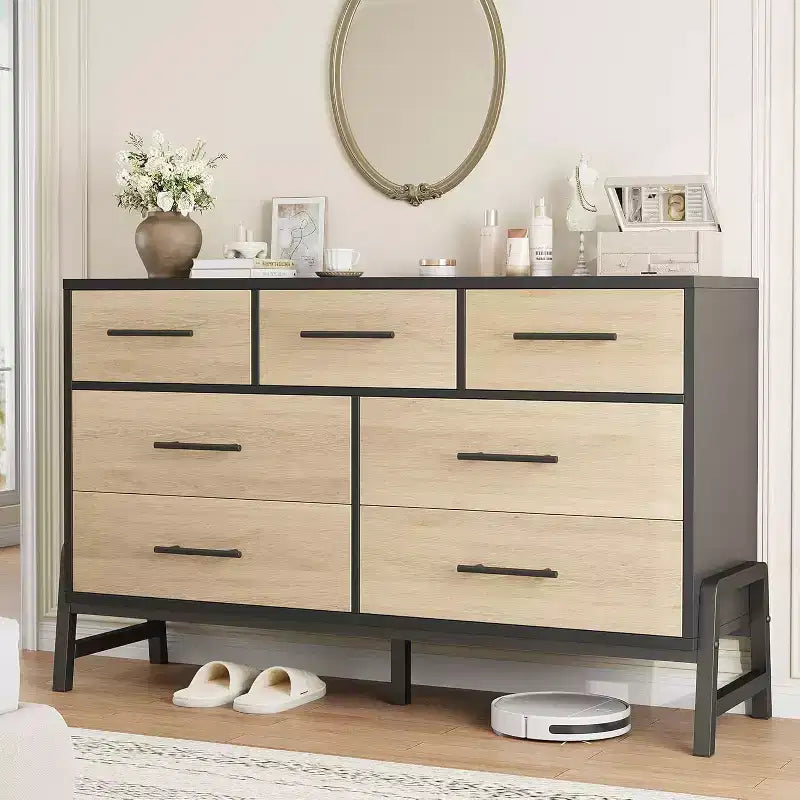 Comò ampio a 7 cassetti, cassettiera in legno indipendente da 52" per camera da letto e soggiorno