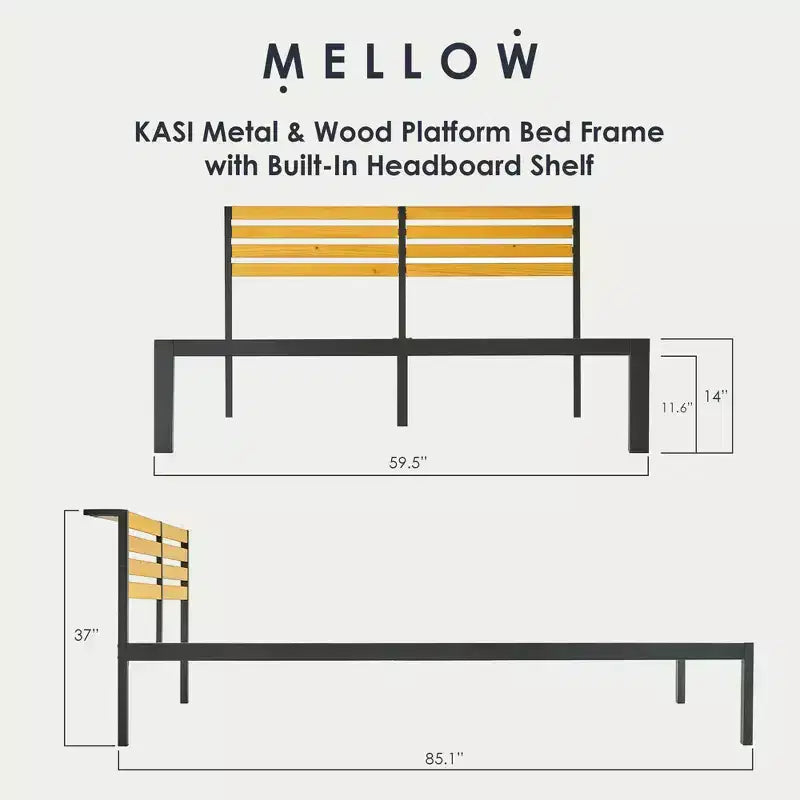 Mellow KASI Metal & Wood Platform Bed Frame with Built-In Headboard Shelf